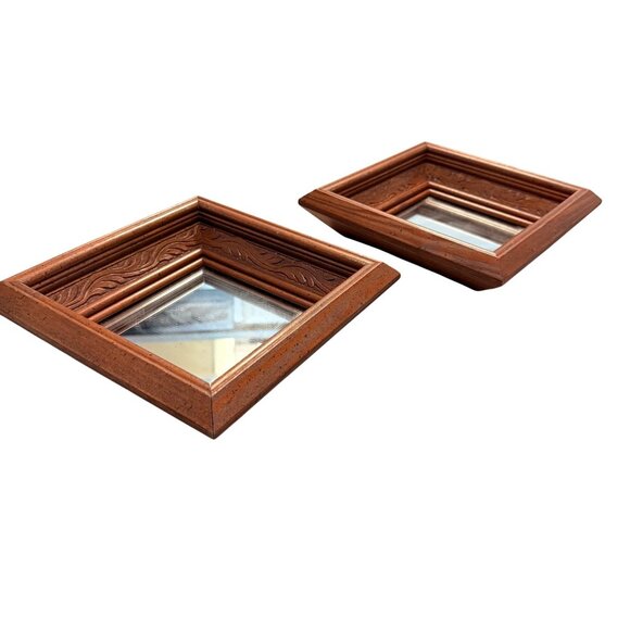 Wooden Framed Carved Sunken Wall Mirror Set of 2 Gallery Wall VTG Square Diamond - Picture 6 of 16